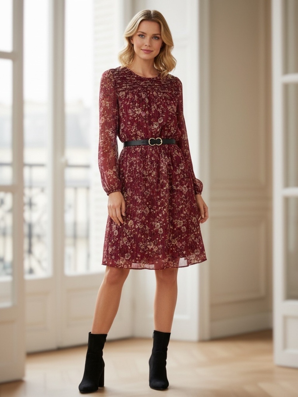Floral Burgundy Long-Sleeve Mini Dress